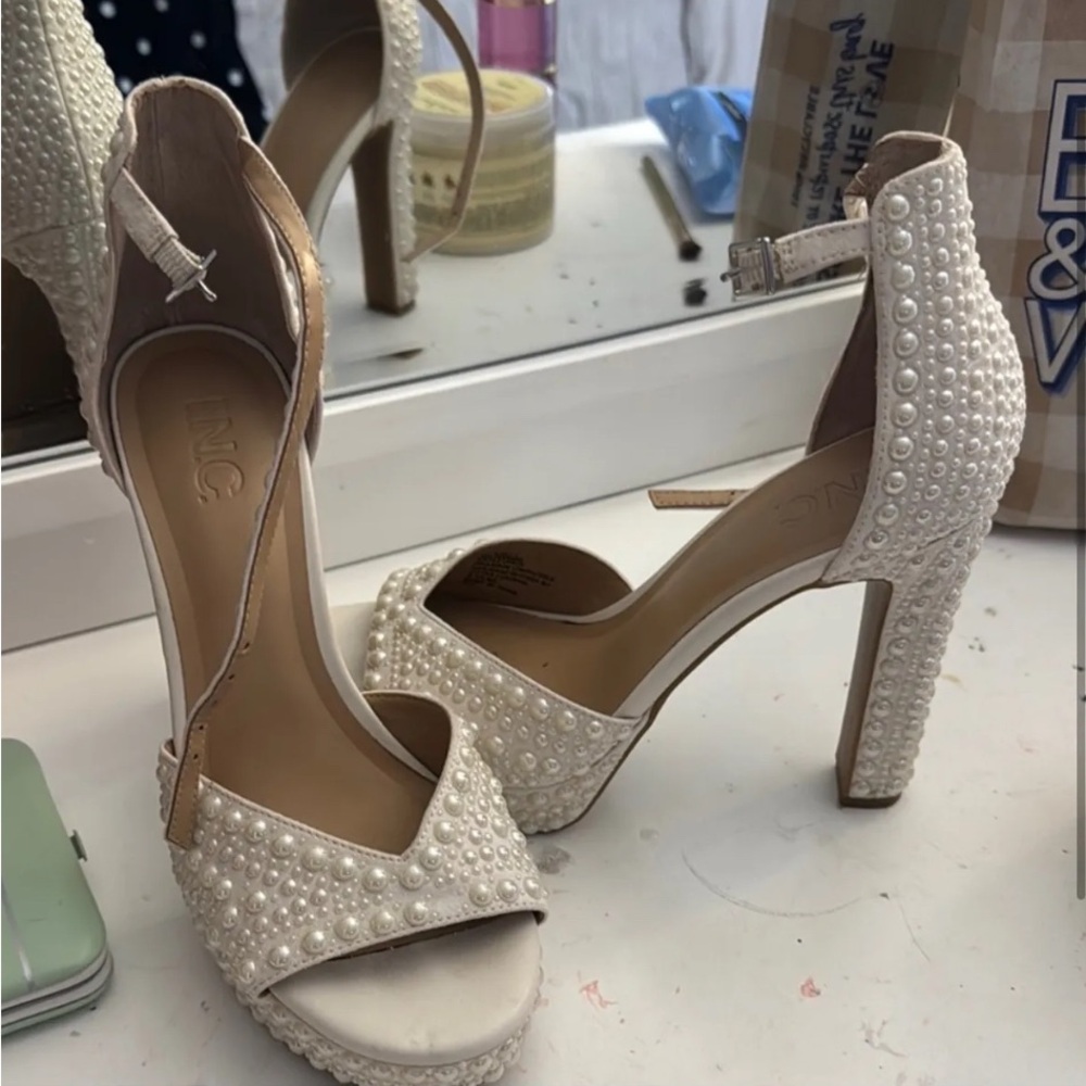 INC International Concepts Women's Pearl Embellished Cream Heels